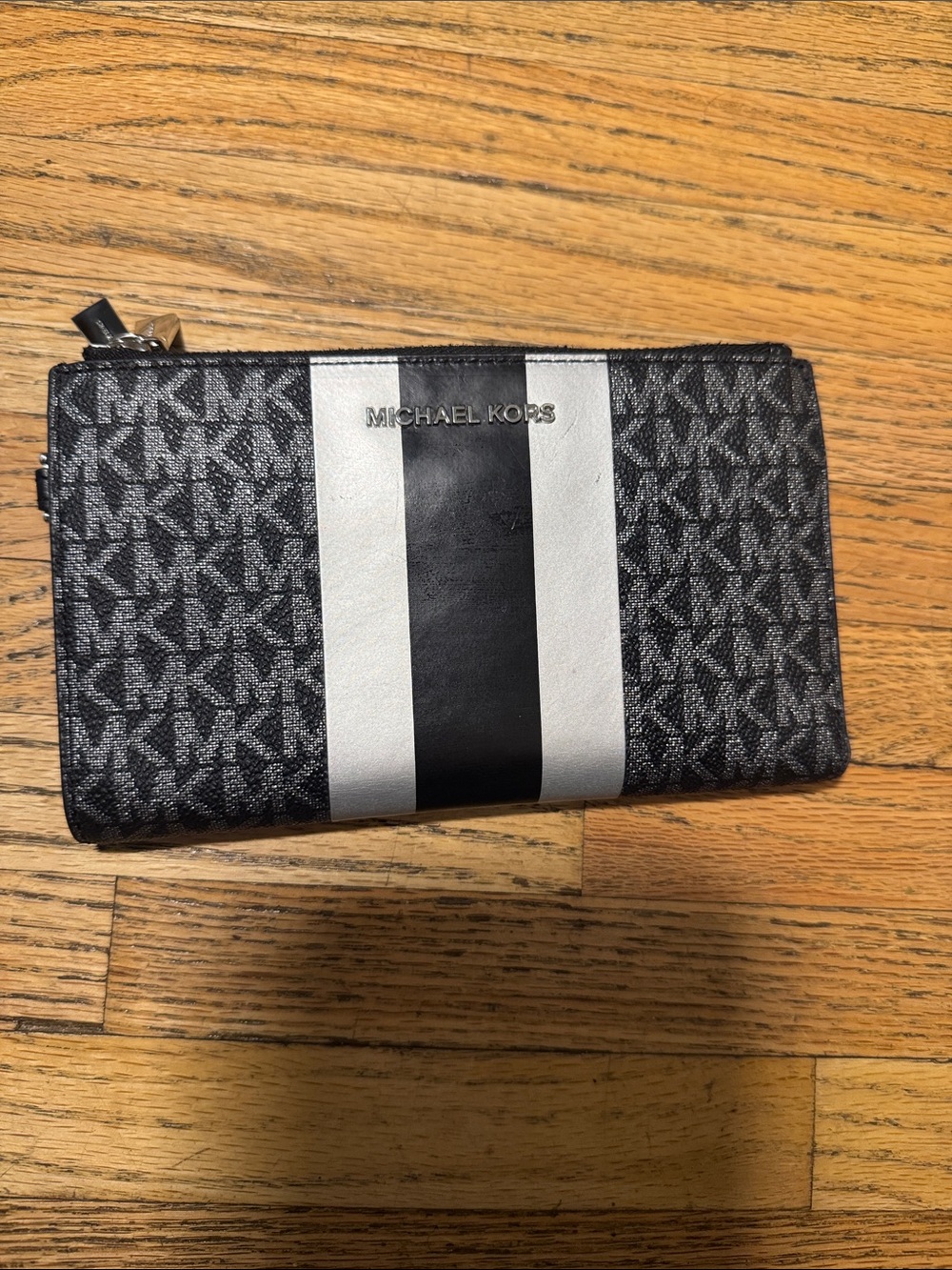 Michael Kors Black and Gray MK Zip-Around Wallet with Center Stripe